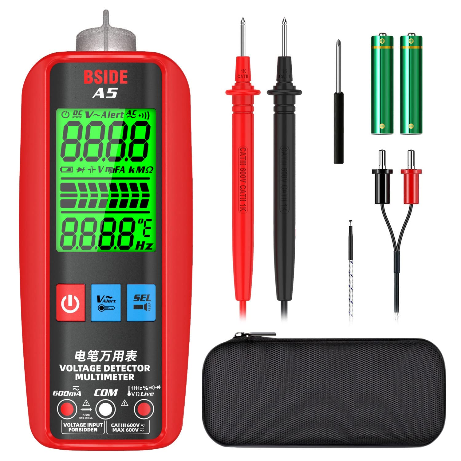 BSIDE A5 Smart Digital Multimeter Electrical Tester Auto range Intelligent Voltmeter with NCV VFC AC DC Volt/Amp Ohm Meter Cap Hz Continuity Diode Temperature Circuit checker Buzzer Alarm Flashlight — image 1
