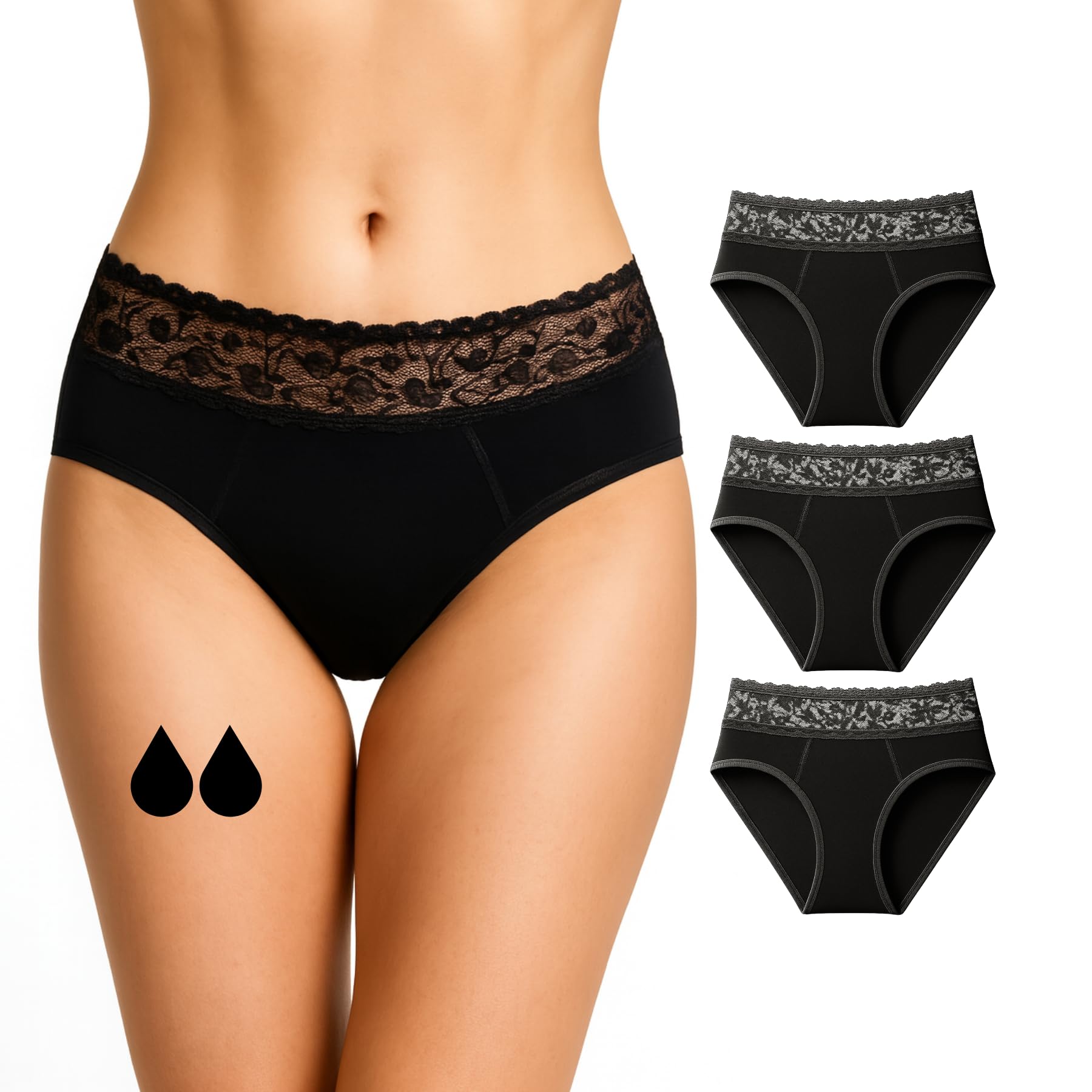 NoBlood Period Pants Heavy Flow for Women and Teenage Girls - Washable - Cotton - Eco-friendly - Menstrual Underwear - Absorbent Periods Undies - Womens Teens Girl (Lace-Pack, XS) — image 1