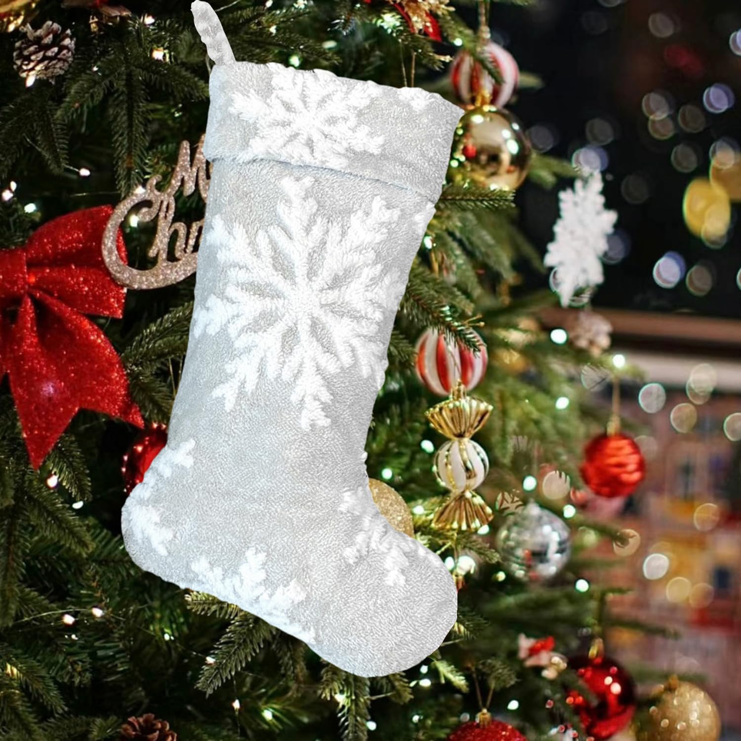 Mauts 24" Grey Big Snowflake Christmas stocking,Christmas decorations stocking,Used For Christmas Tree Gift Box Mantel Decoration Party Christmas (Grey White)