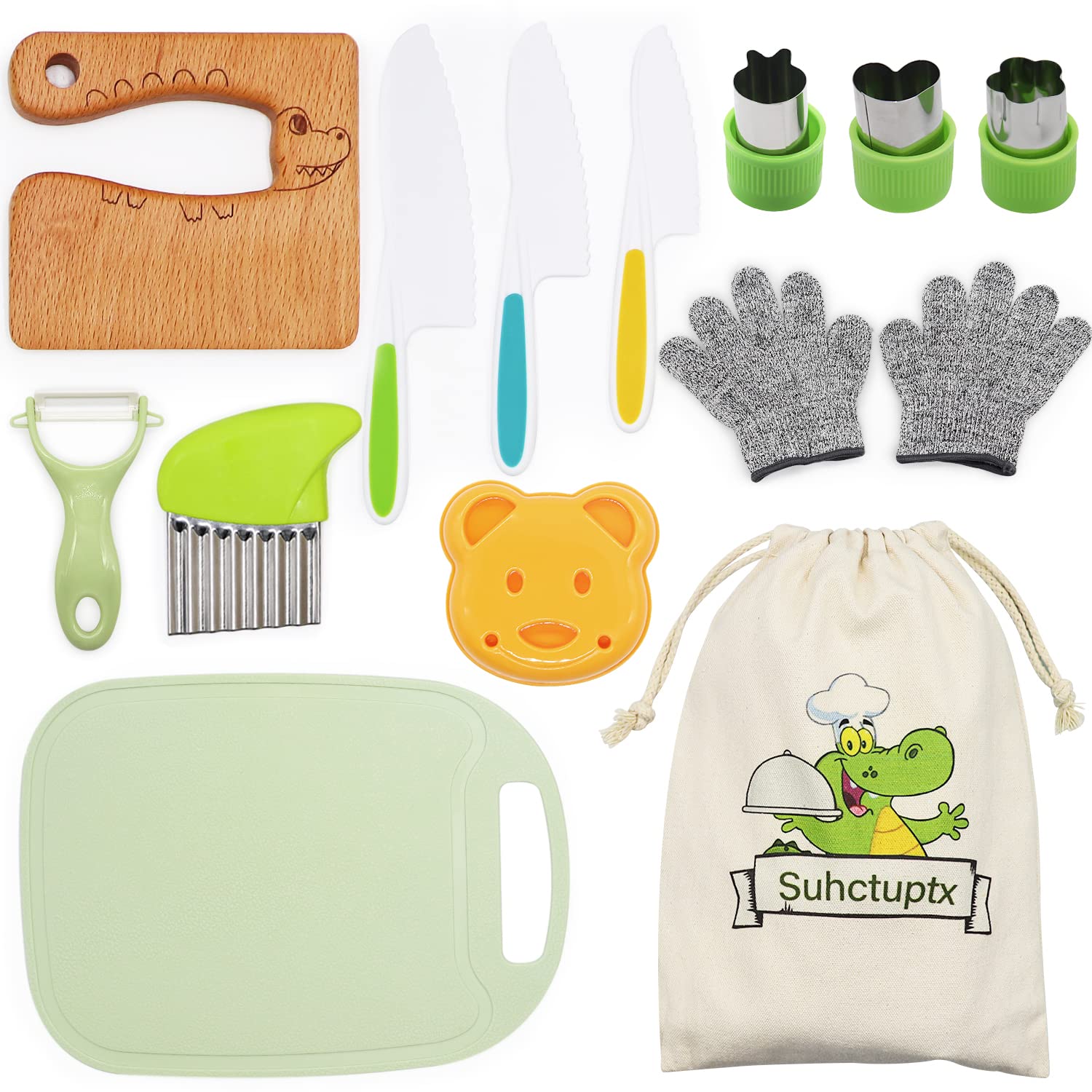 Photo 1 of ***MISSING PIEECES -SELLING AS IS *** Suhctuptx 9 Pieces Wooden Kids Kitchen Knife Set with Gloves Cutting Board Fruit Vegetable Crinkle Cutters Serrated Edges Plastic Toddler Knifes for Real Cooking Kid Safe Knives