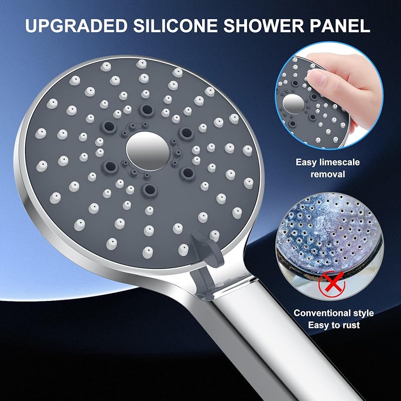 Soffione Doccia con 6 Getti, Alta Pressione, Anticalcare, Pulsante Cambio Rapido, Risparmio Acqua, Installazione Senza Attrezzi, Cromato