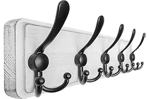 Dseap Coat Rack Wall Mounted - 5 Tri Hooks, Heavy Duty, Wooden Wall Coat Hanger Coat Hook for Clothes Hat Jacket Clothing, White & Black