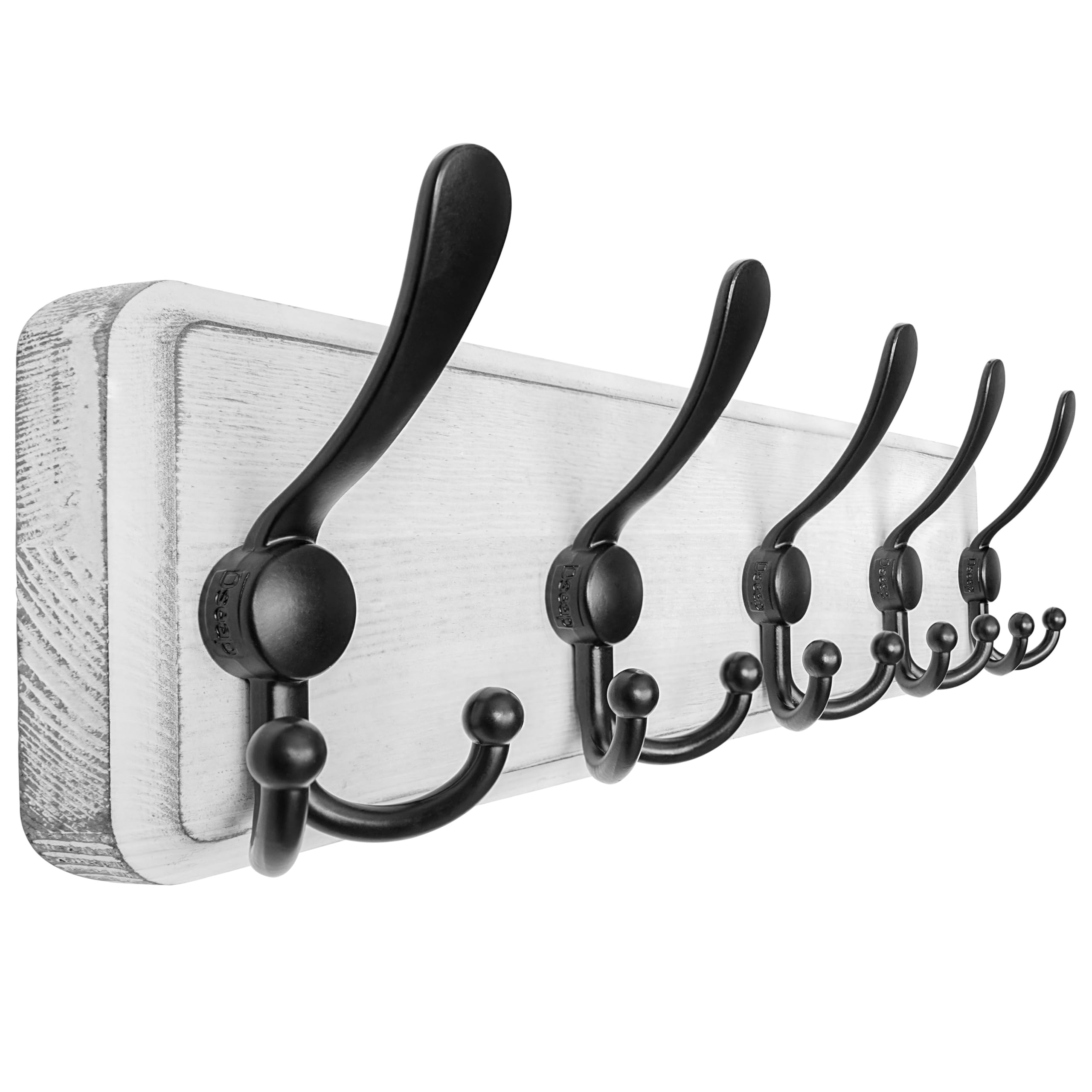 Dseap Coat Rack Wall Mount - Patented, Heavy-Duty, Shabby Chic Wooden Wall Coat Hanger Hook Rail with 5 Triple Hooks for Winter Coats Hat Jacket Clothing, Weathered White & Black