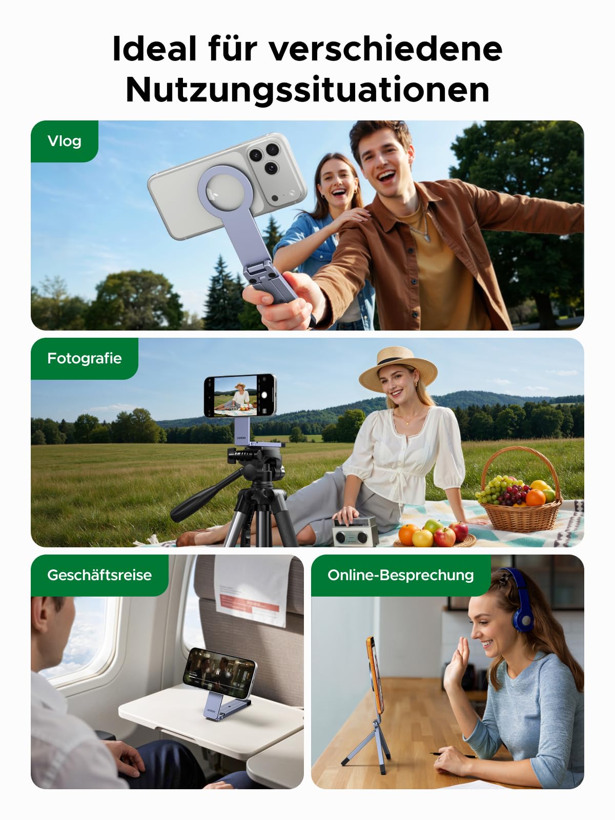 UGREEN Magnetisches Handy Stativ, Aluminium Magsafe Stativ, Enthält eine 1/4"-20-Schraube, Multifunktionaler Tragbarer Selfie-Stick Kompatibel mit iPhone 17 16 15 14 13 12 Sumsung und Magsafe Hülle 6