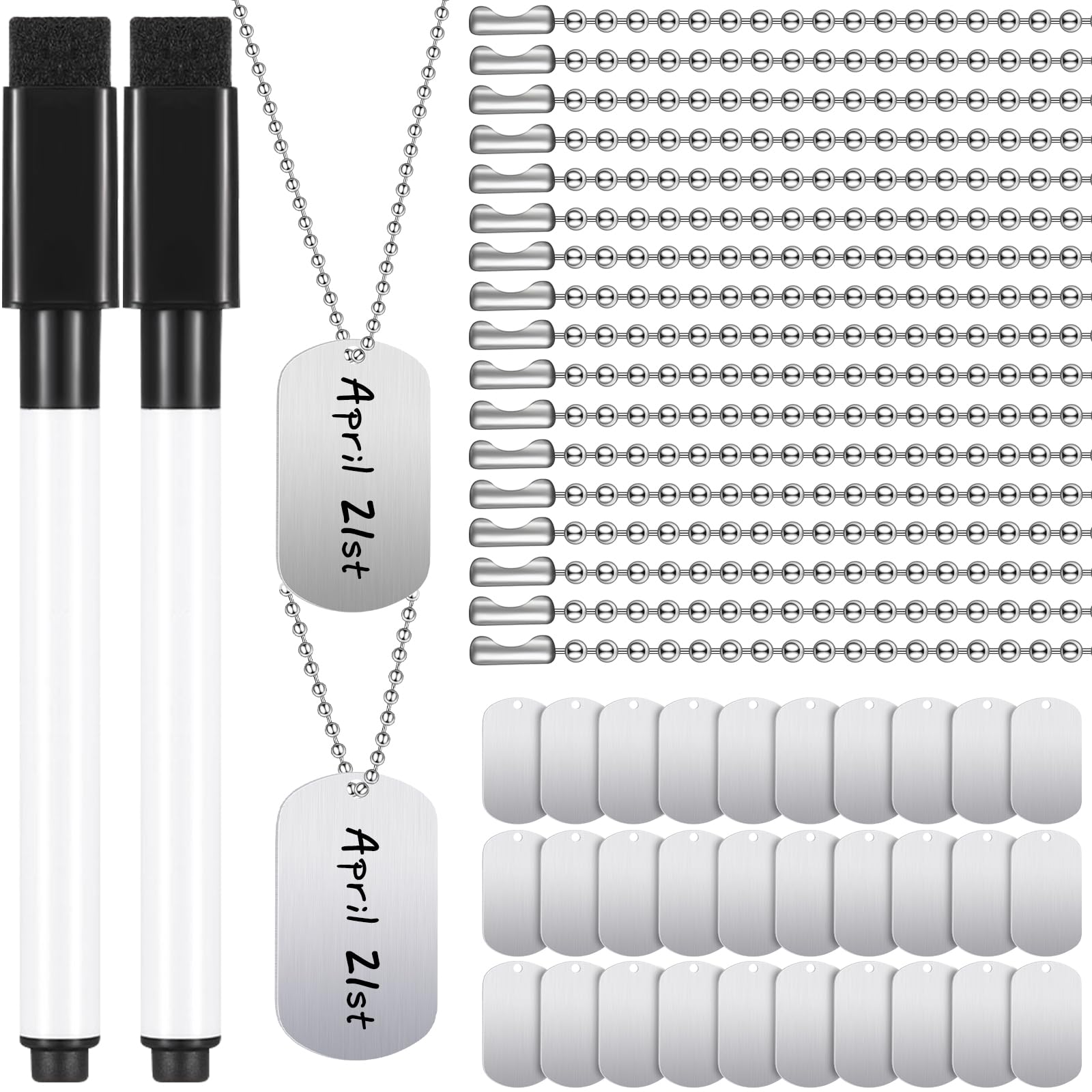 Photo 1 of Therwen 62 Pieces Military Dog Tags Necklace Set Including 30 Aluminum Blank Dog Tag 30 Ball Stainless Steel Beaded Necklaces and 2 Erasable Markers for DIY Crafts