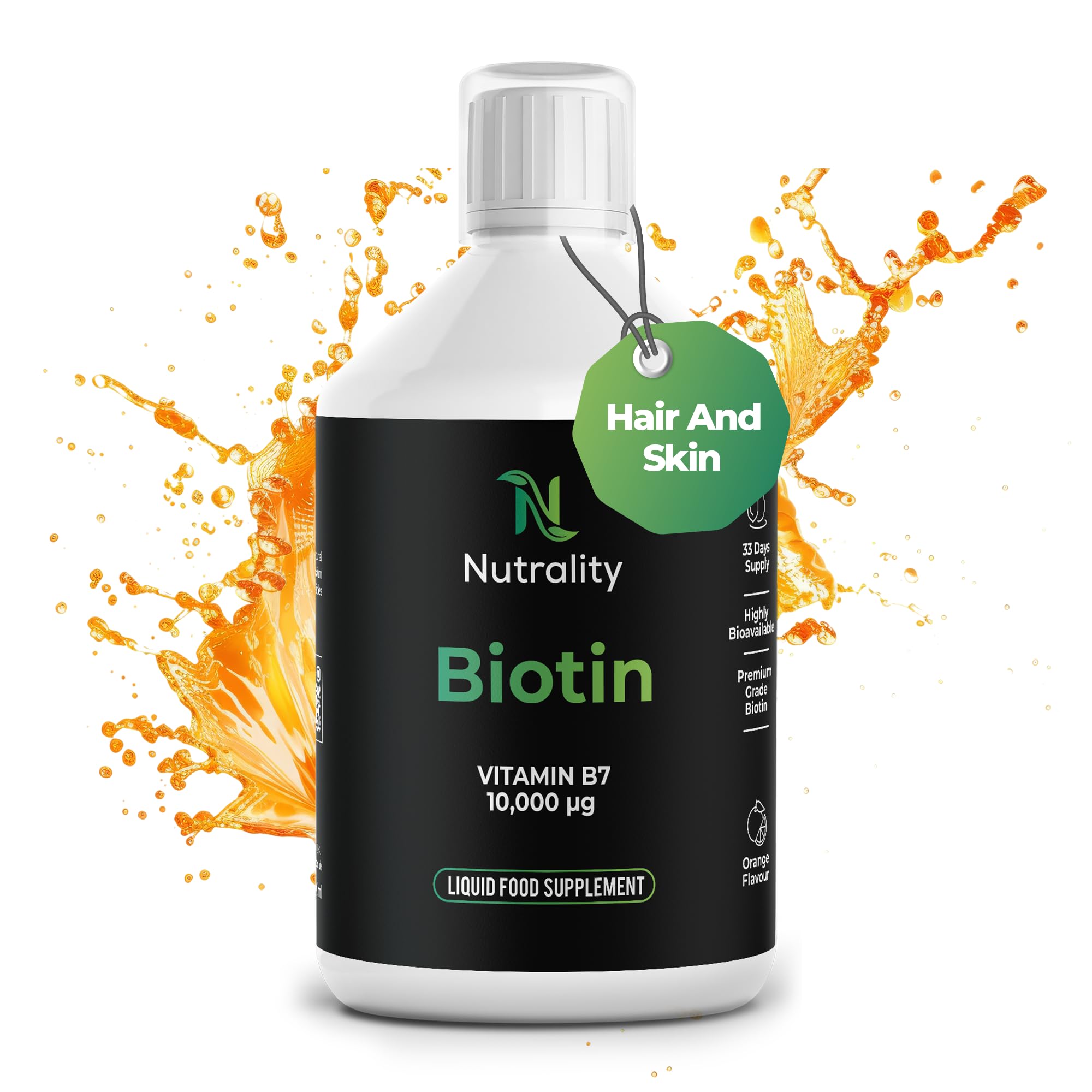Nutrality Liquid Biotin 10,000mcg | Hair Growth Vitamins & Biotin Supplements | Extra Strength Vitamin C & B7 for Hair, Skin & Nails | 3X Absorption | Orange Flavour | 33 Day Supply | 500ml