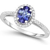 KOKAV 14K White Gold Genuine Tanzanite 1/2 Ct Oval, Diamond Halo Ring, Size 7