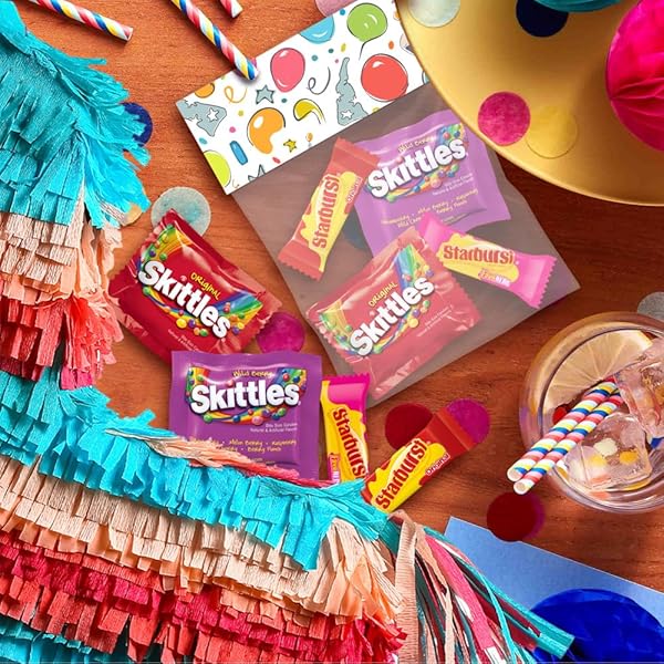SKITTLES ORIGINAL, SKITTLES WILD BERRY & STARBURST ORIGINAL AND STARBURST FAVEREDS FUN SIZE CHEWY CANDY VARIETY BAG, PARTY SIZE, 20.13 OZ BULK BAG