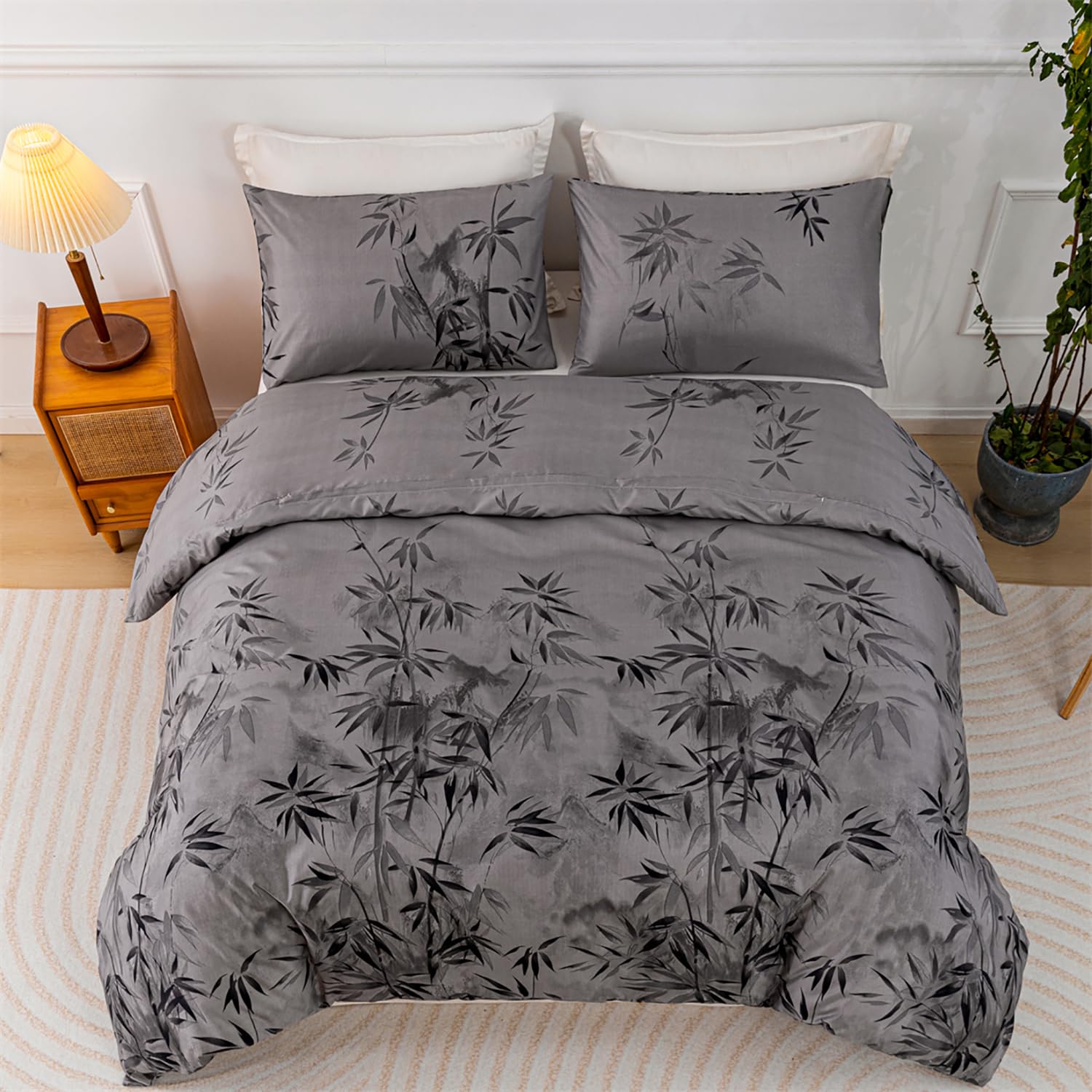 JQWUPUP Bamboo Print Duvet Cover Set King Size, Classical Chinese Ink Painting Bedding, Grey Duvet cover with 2 Pillowcases — image 1