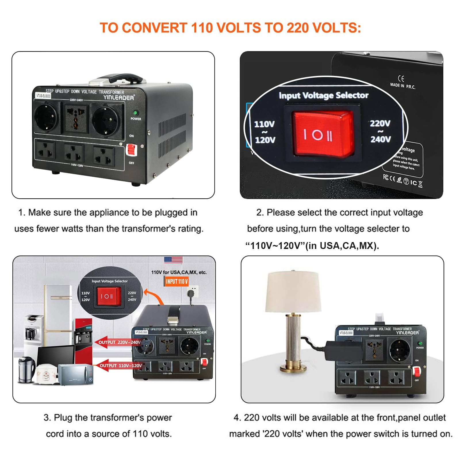 Yinleader 3000W Voltage Converter Transformer(110V to 220V,220V to 110V) Step Up/Down Converter 110/120 Volt - 220/240 Volt w/US Standard Power Cord,Circuit Breaker Protection (VTUS-EU3000)