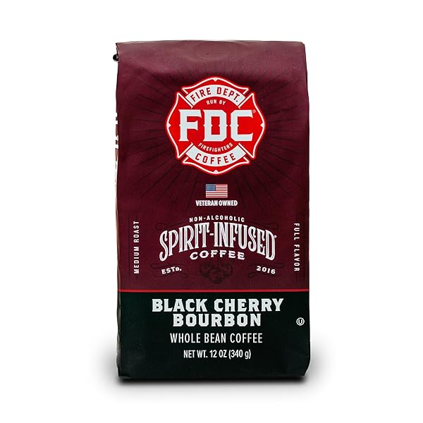 FIRE DEPARTMENT COFFEE – BLACK CHERRY BOURBON COFFEE – GIVES BACK TO FIREFIGHTERS – PREMIUM BOURBON INFUSED WHOLE BEAN – NON-ALCOHOLIC – ROASTED IN THE USA – VETERAN OWNED – 12 OZ