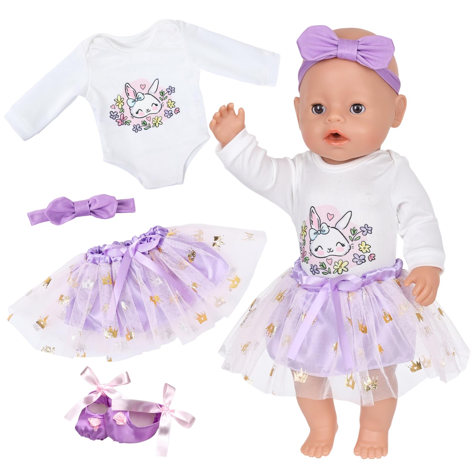 Doll Clothes for 14-17 Inch Baby Dolls, Outfits for 35-43 cm NewBorn Baby Doll, Jumpsuit, Purple tulle skirt with crown sequins, Headband, Shoes, Doll Clothes Christmas Birthday Gift for Girls Kid
