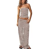 Tankaneo Womens Striped 2 Piece Sets Summer Strapless Crop Tube Tops Wide Leg Pants Matching Lounge Set Vacation Outfits
