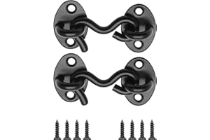 Waziaqoc 2PCS 2 Inch Hook and Eye Latch for Door, Black Stainless Steel Heavy Duty Door Lock, Privacy Lock Latch with Mounting Screws for Door, Window, Sheds, Fences, Gates