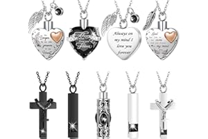 HENOYSO 9 Pcs Heart Cross Cubic Urn Necklace for Ashes Keepsake Cremation Jewelry Stainless Steel Necklace Crystal Memorial Pendant Heart Locket Ashes Jewelry for Women Men Loved Ones, 9 Styles