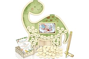 Wenqik 63 Pcs Dinosaur Baby Shower Guest Book Alternatives Set Baby Shower Decorations with Photo Frame Sonogram Frame Keepsake 60 Wood Slices Guest Book for Birthday