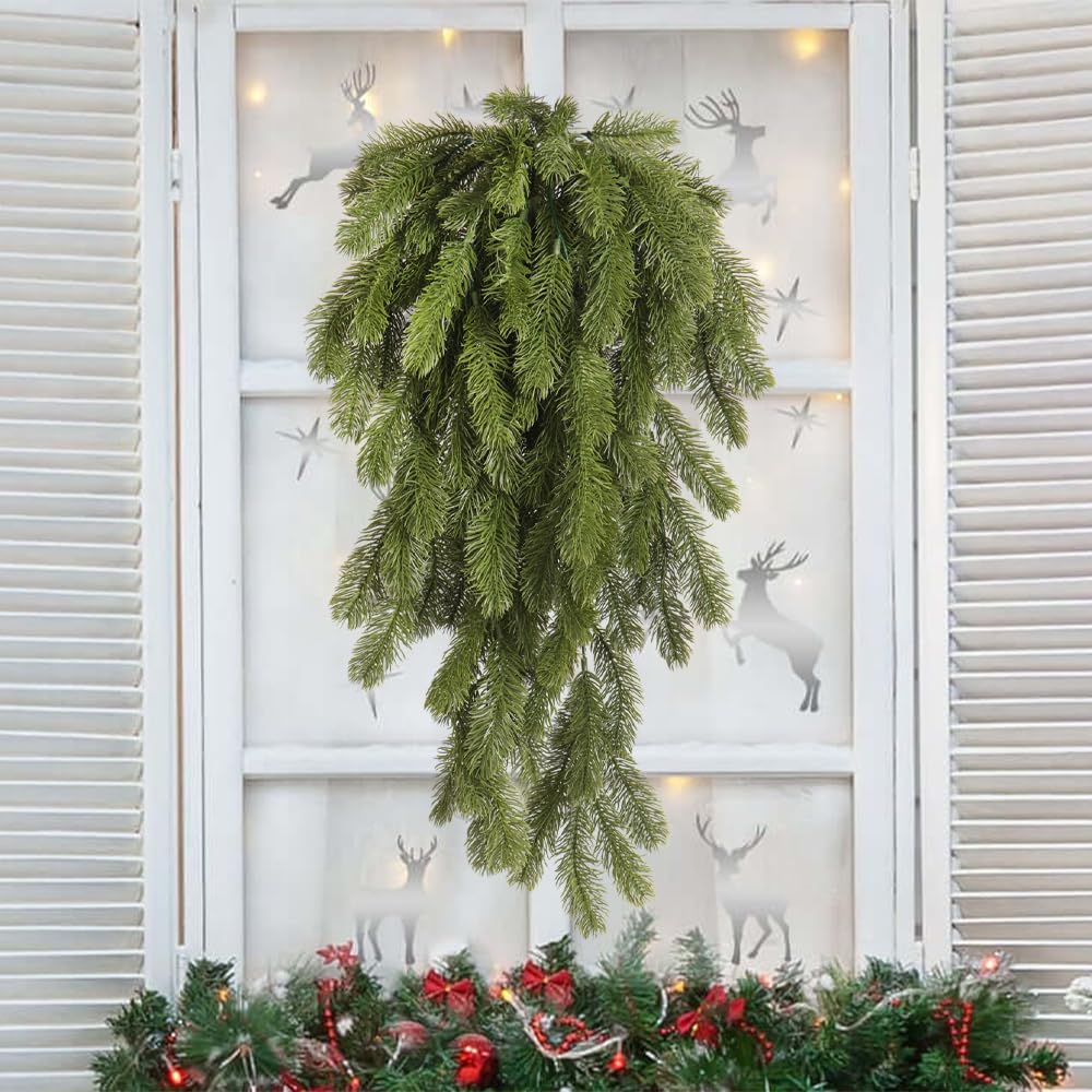2Pcs Artificial Christmas Teardrop Swag Artificial Christmas Pine Needle Hanging Door Swags Faux Winter Teardrop Wreath Hanging Plants for Front Door Wall Home Decor (Green)