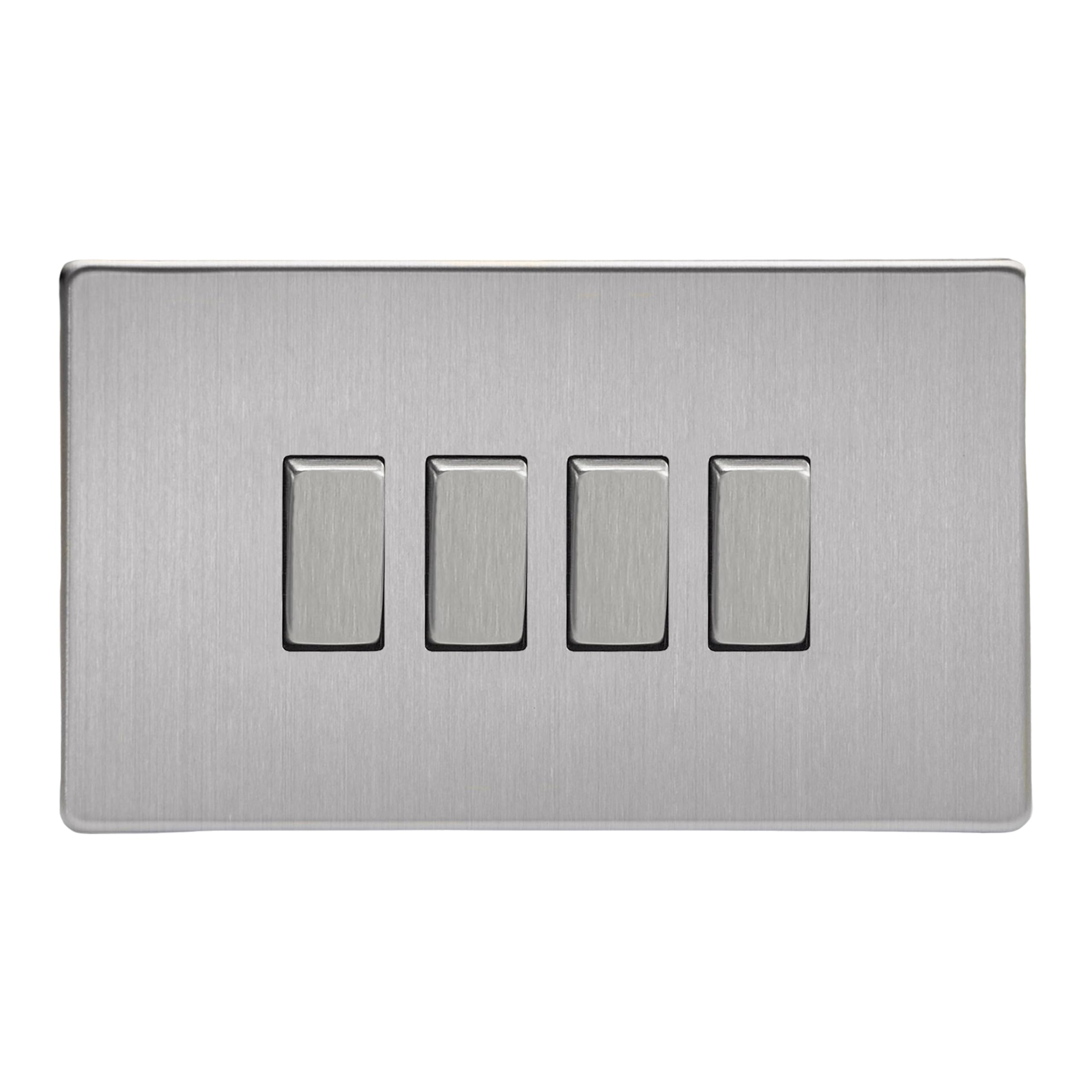 Varilight 4-Gang 2-Way Rocker Light Switch - Screwless Brushed Steel With Brushed Steel Rockers