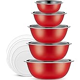 WHYSKO Stainless Steel Mixing Bowl Set, 10 Piece Stainless Steel Mixing Bowls with Lids Set for Food Prep Storage and Serving, Dishwasher Safe for Kitchen Baking Cooking, Red
