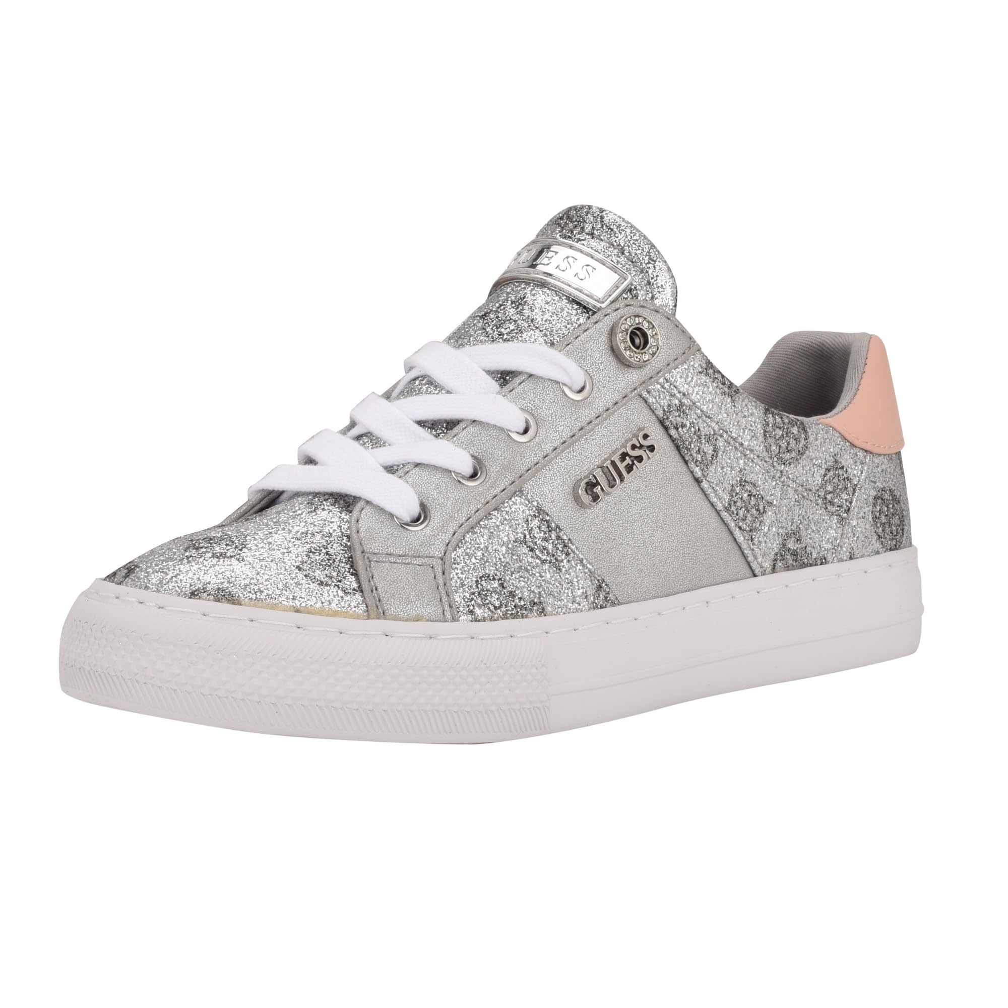 Guess Women's Loven Sneaker, Silver/Pink Glitter Logo 099, 11 Image