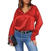 Damipow Satin Silk Button Down Shirts for Women Dress Shirts Long Sleeve Blouses Womens Shirts