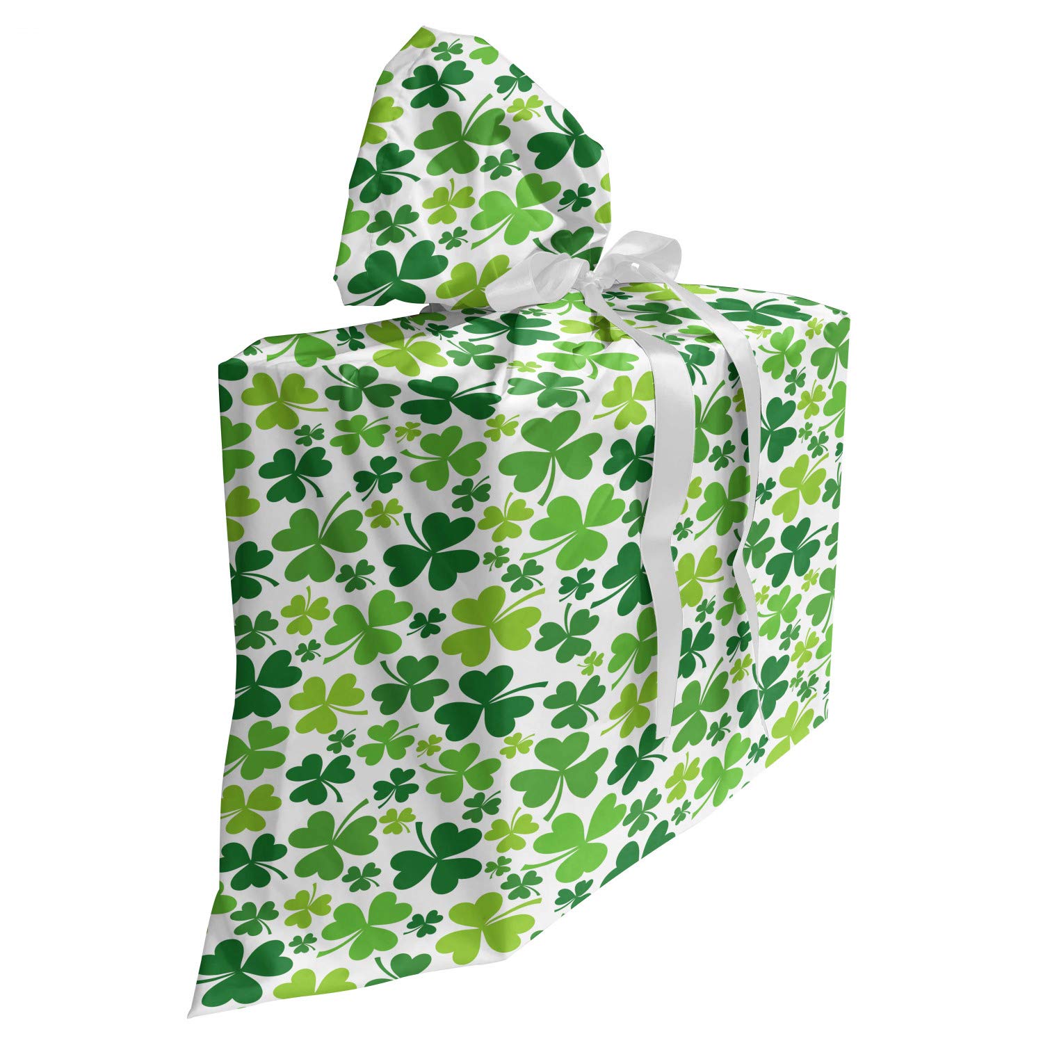 ABAKUHAUS Clover Fabric Gift Bag, St Patrick's Day Pattern with Irregular Continuous Shamrocks, Present Sack for Baby Showers Birthdays with 3 Ribbons, 27" X 32", Green Lime Green
