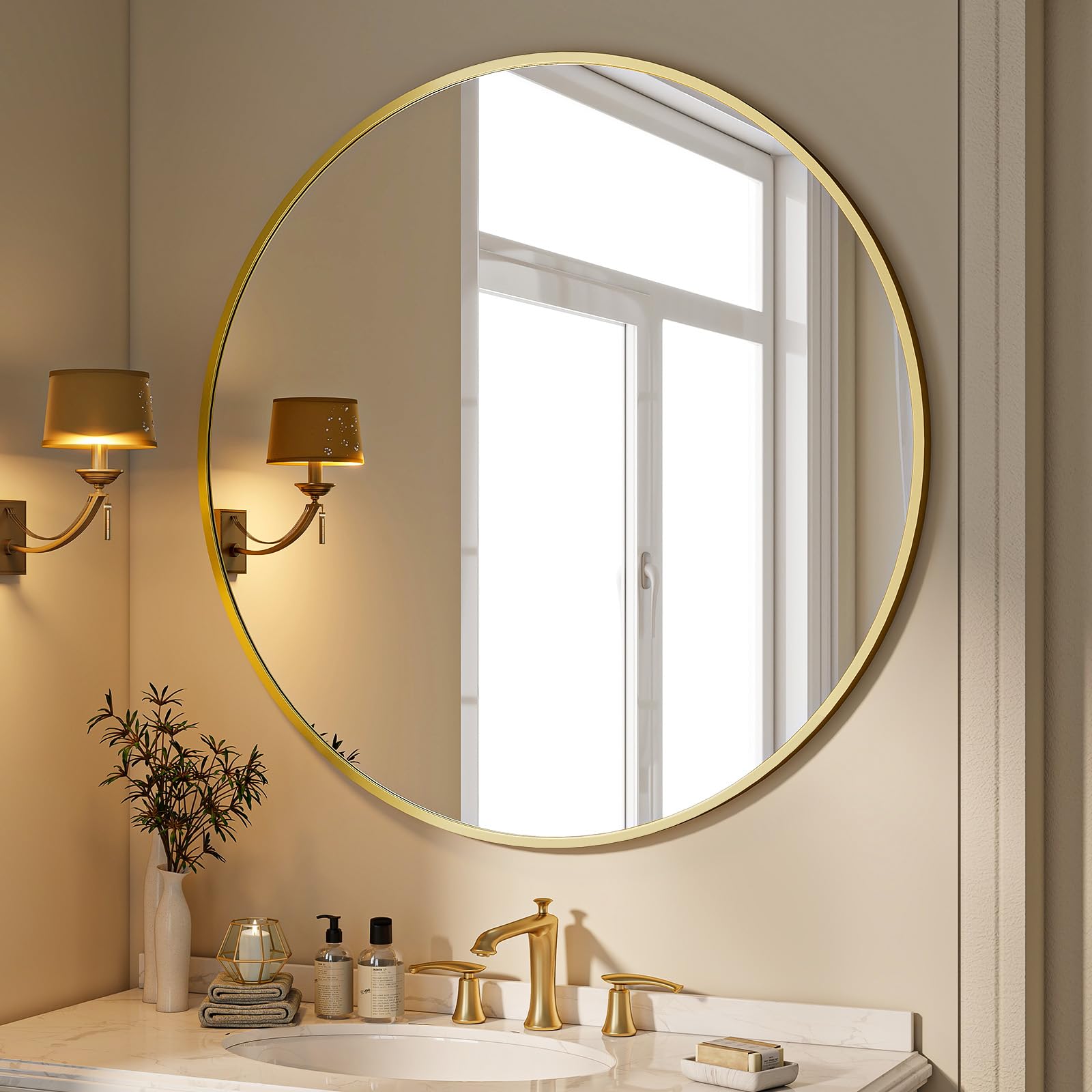 Photo 1 of BEAUTYPEAK 40 Inch Round Mirror, Metal Frame Circle Mirror, Wall Mounted for Entryway, Bathroom, Vanity, Living Room, Gold