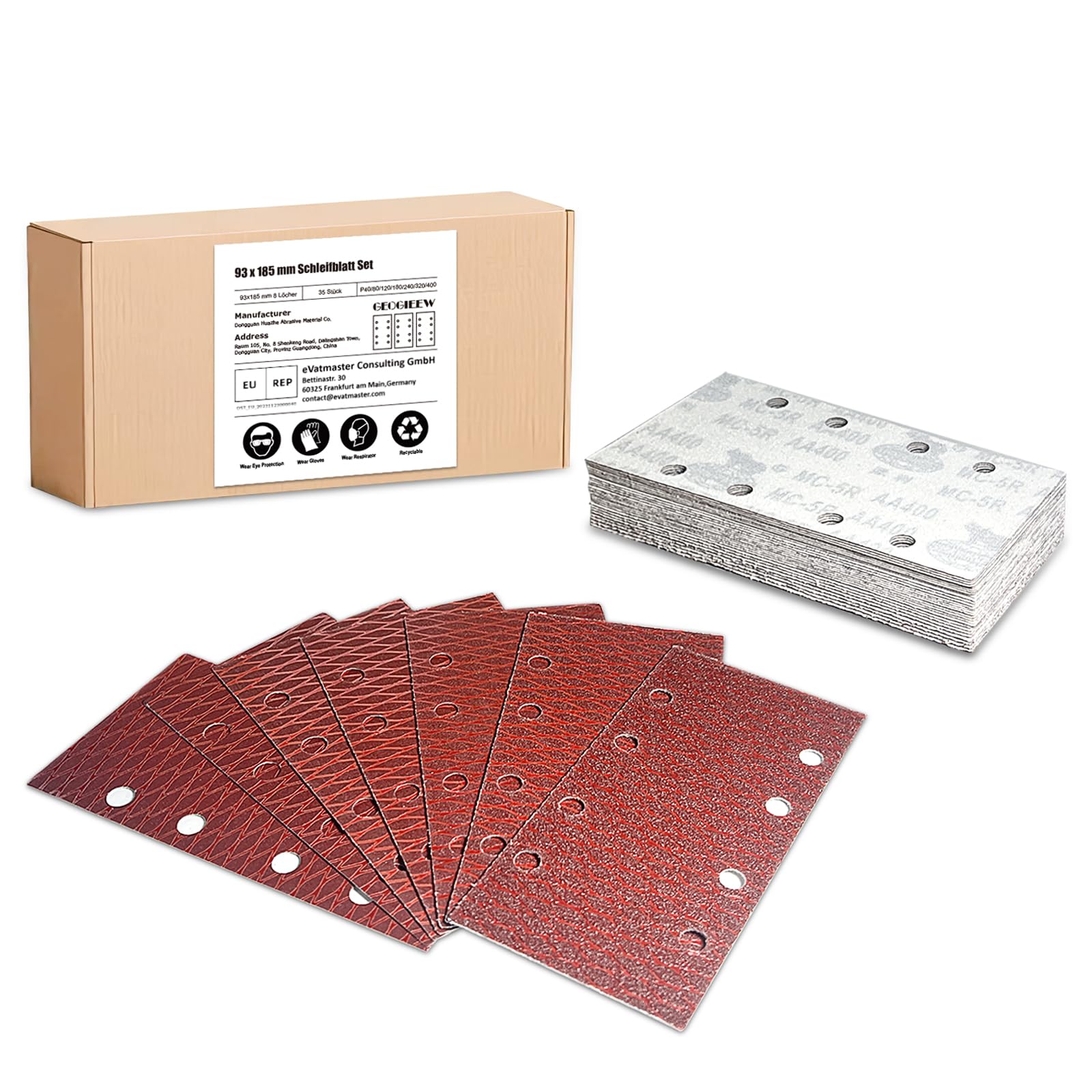 GEOGIEEW 35 PCS Sanding Sheets, 93 x 185 mm 8 Hole Square Hook and Loop 40-400 Grits Sander Pads, Assorted Fit Rectangular Sander