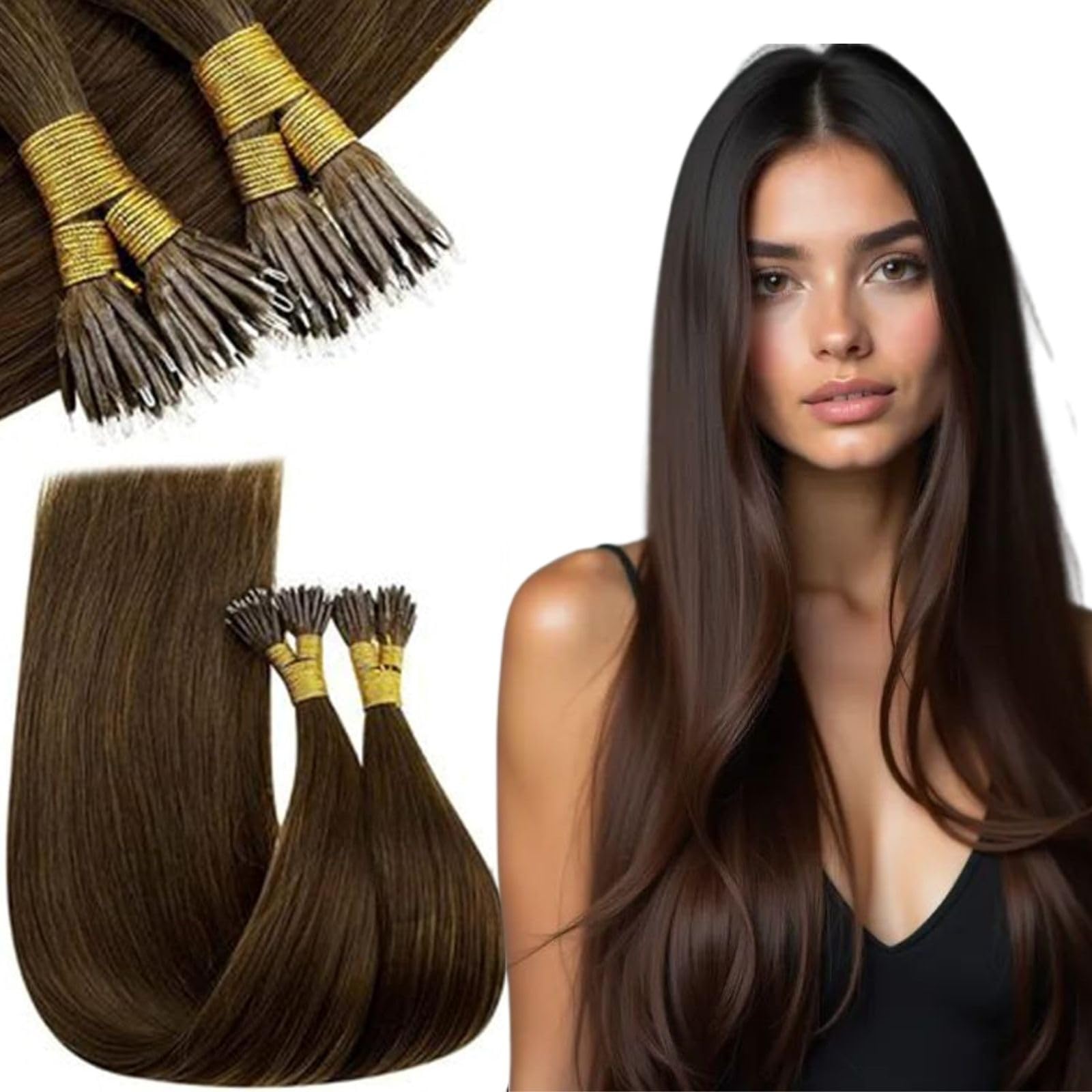 RUNATURE Nano Hair Extensions Real Human Hair Remy Ring Hair Extensions Brown Nano Beads Hair 12 Inch 40 Gram #4 — image 1