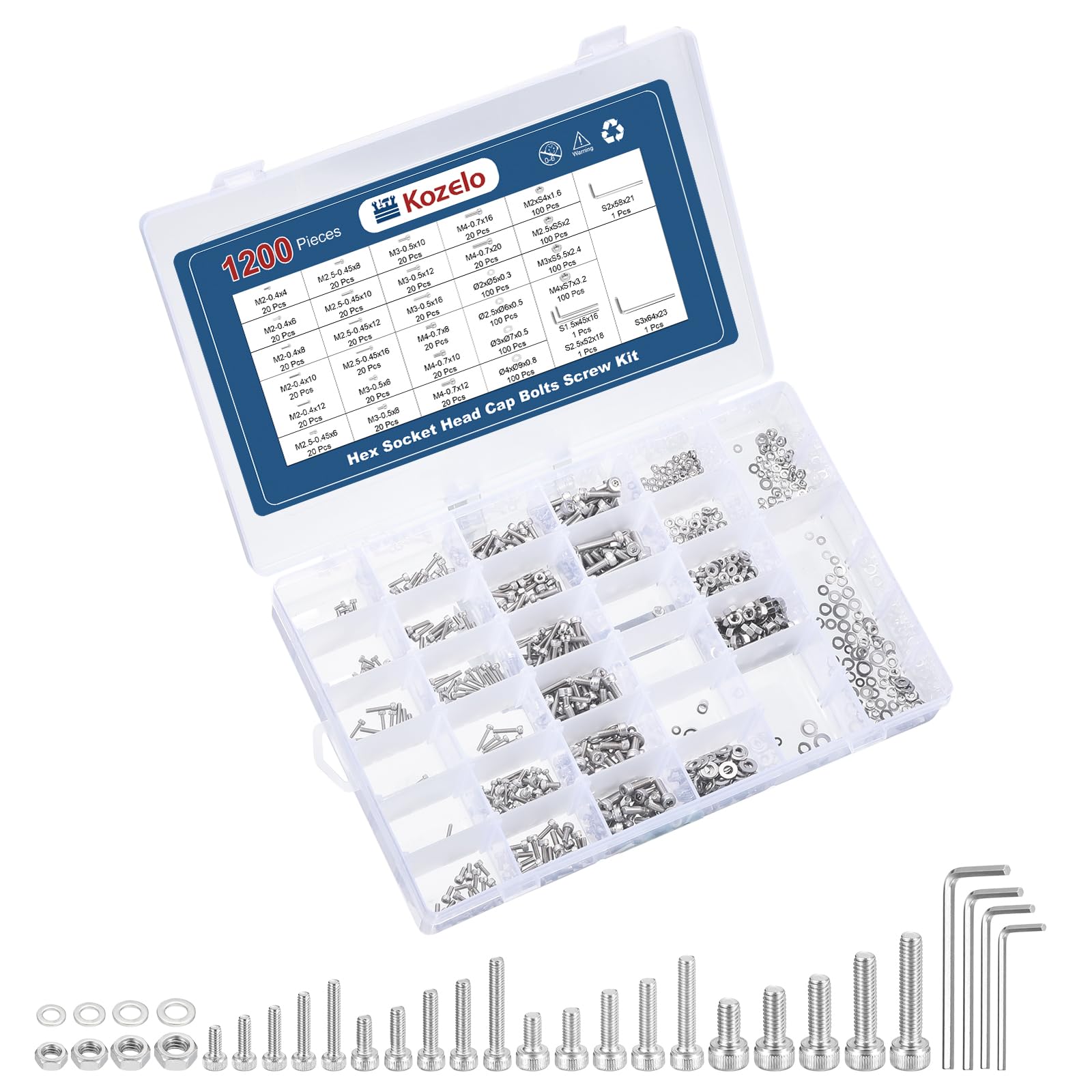 Kozelo 1200pcs Socket Head Cap Screws Bolts Nuts Assortment Kit - [M2/M2.5/M3/M4] 304 Stainless Steel Allen Socket Drive for 3D Printer with Allen Wrench — image 1