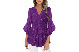 Sparkly Flowy V Neck Shirts for Women Ruffle Pleated 3/4 Sleeve Blouses Elegant Evening Party Tunic Tops