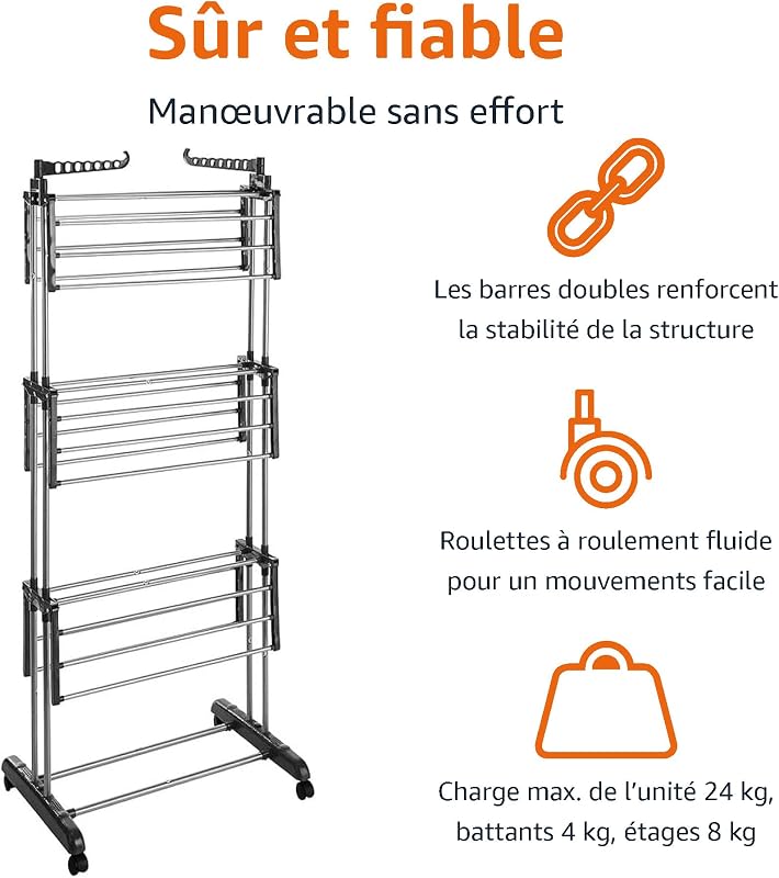 Séchoir à Linge Intérieur, à Ailes Pliables, à 4 Niveaux, 72,9 à 126 x 64 x 173 cm (L x L x H), Argenté, pour Vêtements — photo 2 sur 7