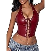 Benfoly Women's Leather Halter Top Punk Deep V Neck Grommet Eyelet Tie Front Corset Crop Tops Backless Mini Concert Outfits
