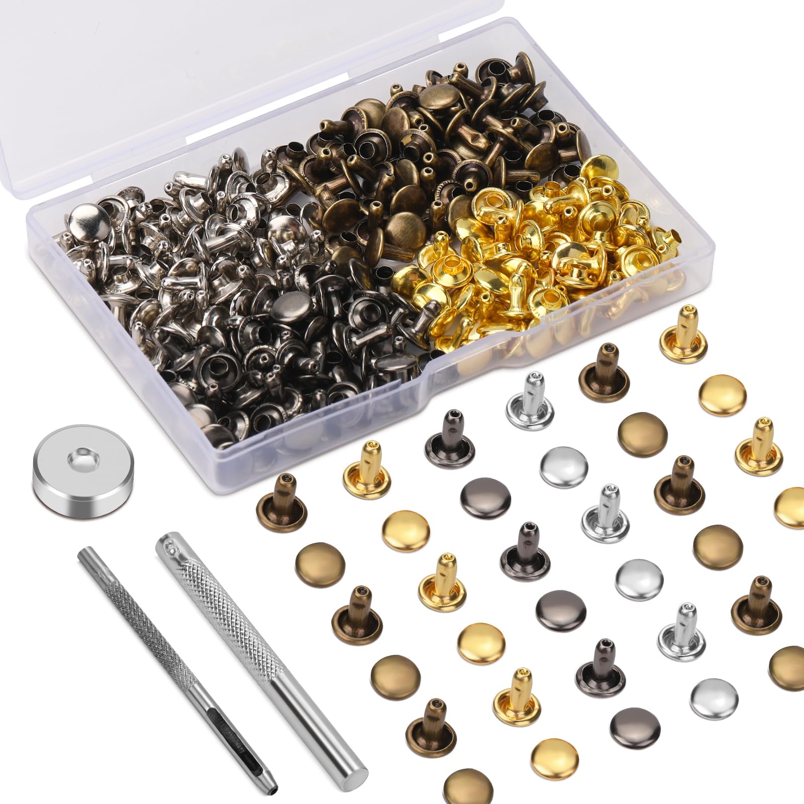 Easusy Rivets, 120 Sets 8 * 8mm Multicolor Leather Rivets, Double Cap Rivets with Hollow Punch & Punch Tool for Leather Crafts, Clothes, Shoes, Jackets — image 1