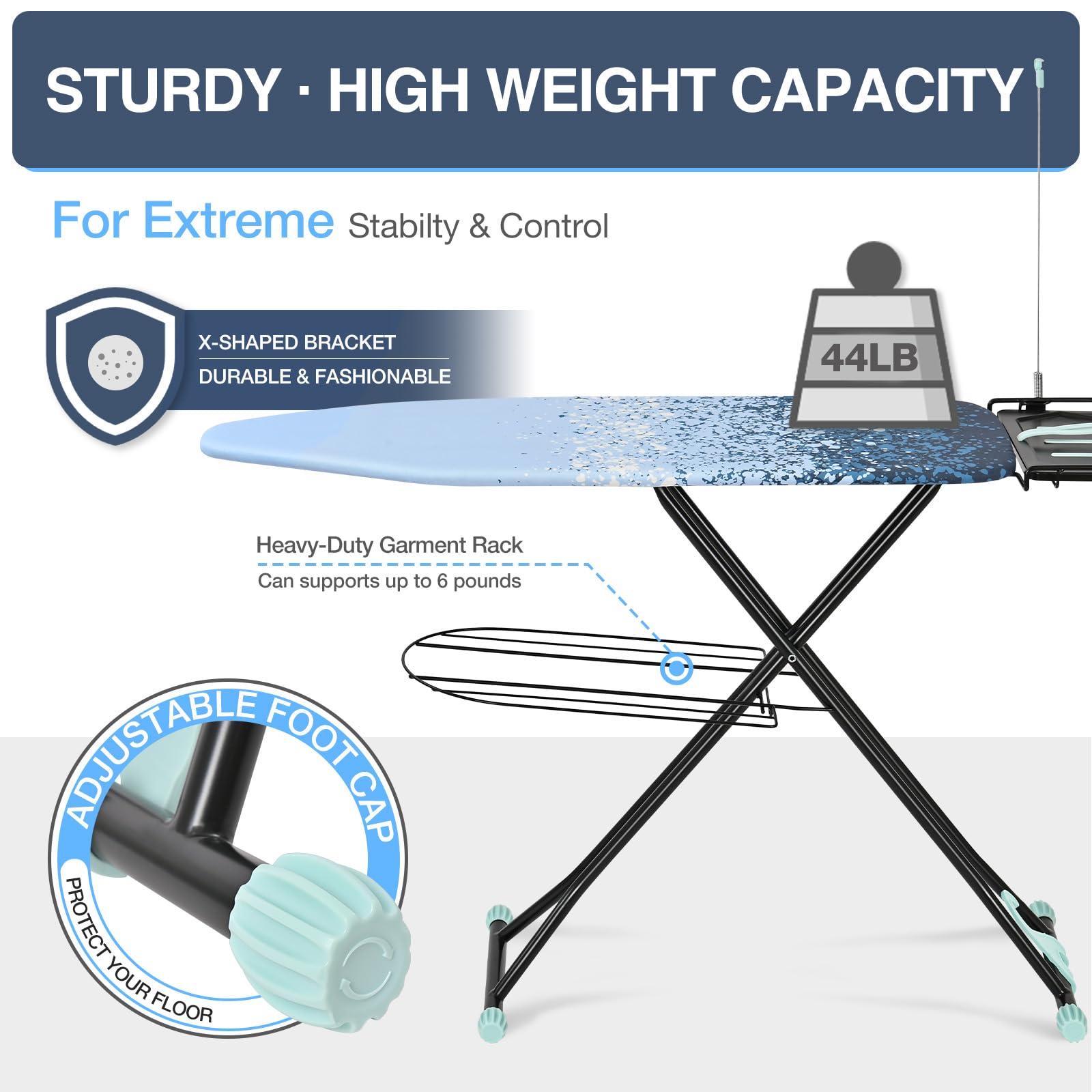 APEXCHASER Full Size Ironing Board,15x45 Metal Panel Iron Board with Iron Rest, Heat & Scorch Resistant Cover, Adjustable Height Heavy Duty Ironing Board with Germent Rack, for Home, Dorm, Ligh Blue