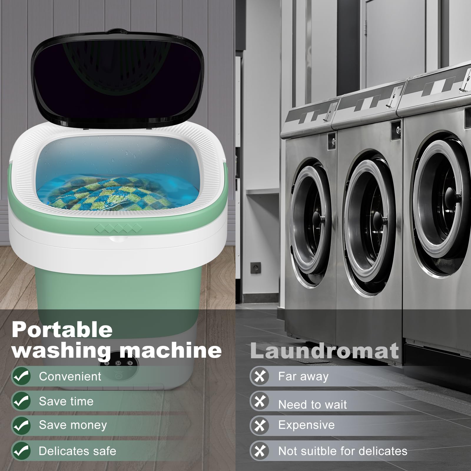 Portable Washing Machine, 12L Upgraded Mini Washing Machine With Spin Basket, Foldable Washer Cleaning for Underwear, Baby Clothes Socks and Small Items, Small Washer for Apartments, Dorm,RV (Green)