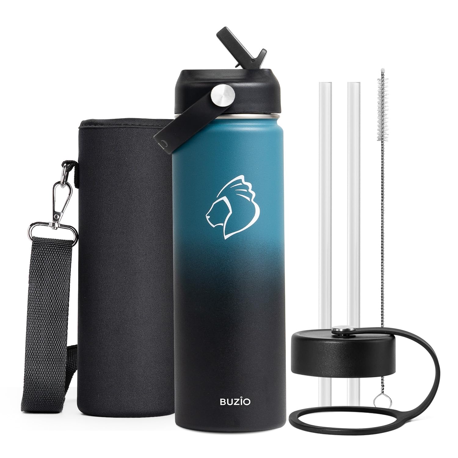 Photo 1 of BUZIO Insulated Water Bottle with Straw Lid and Flex Cap, 22oz Modern Double Vacuum Stainless Steel Water Flask, Cold for 48 Hrs Hot for 24 Hrs Simple Thermo Canteen Mug, Indigo Black