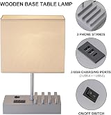 Briever USB Bedside Table Lamp with 3 USB Ports Silver Wood Base view 4