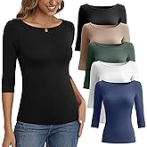Ficerd 5 Pack 3/4 Sleeve Tops for Women Tight Boat Neck T Shirts Slim Fit Three Quarter Sleeve Tees Basic Casual Tops