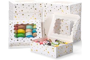 EQOREIIN 10pcs Christmas Cookie Boxes with Window，8x6x2.5in Bakery Boxes for Cookies, Xmas Gold Foil Star Treat Boxes for Gift Giving，Cookie Tins Pastry Dessert Cupcakes Candy Donut Packaging