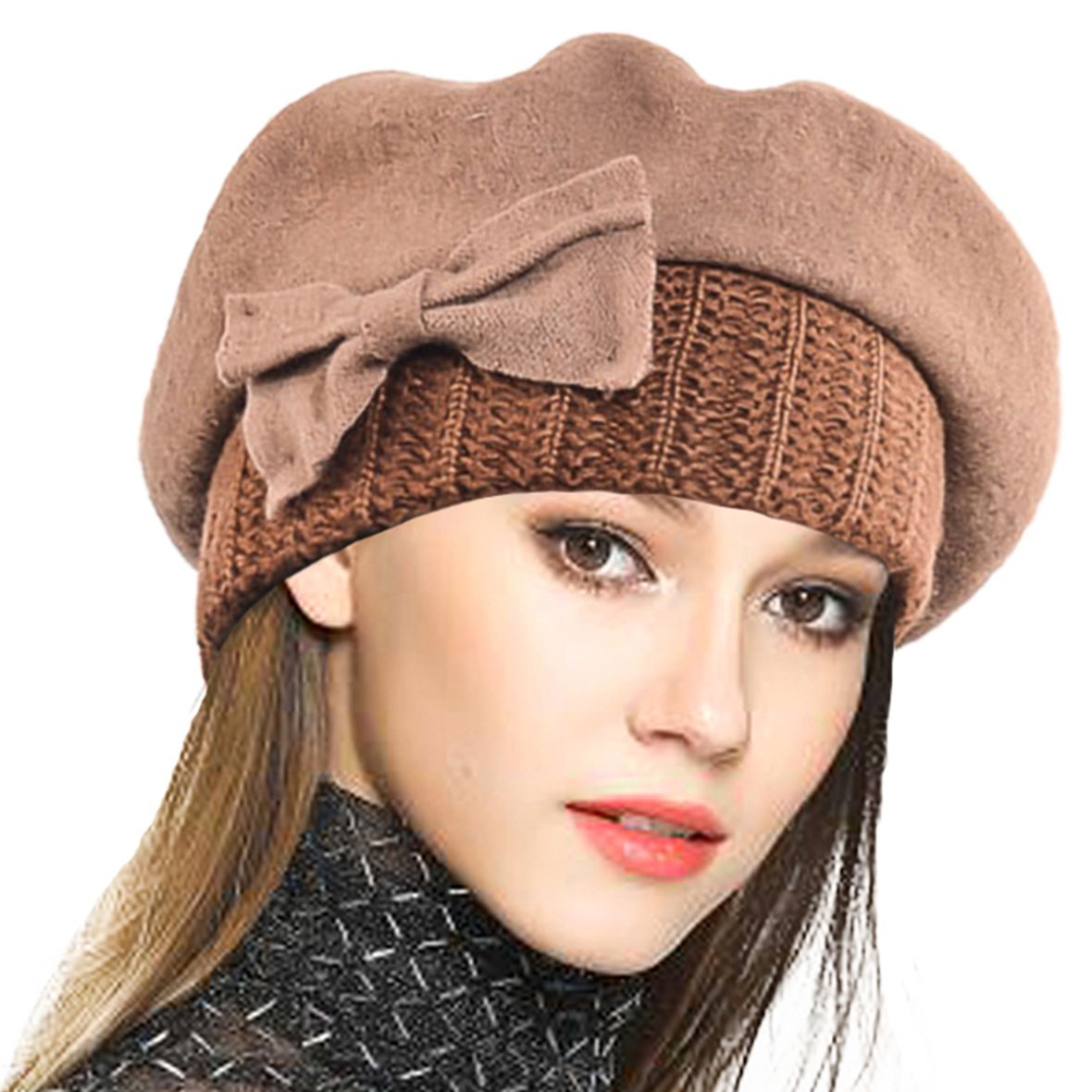 VECRY Lady French Beret 100% Wool Beret Dress Beanie Winter Hat (Khaki)