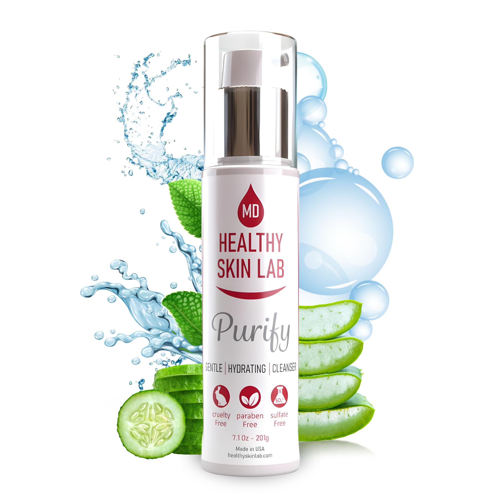 Healthy Skin Lab Purify Gentle Facial Cleanser, Hydrating Face Wash, Make-Up Remover for Sensitive Skin, Anti-Aging Peptides & Aloe Vera (201g)