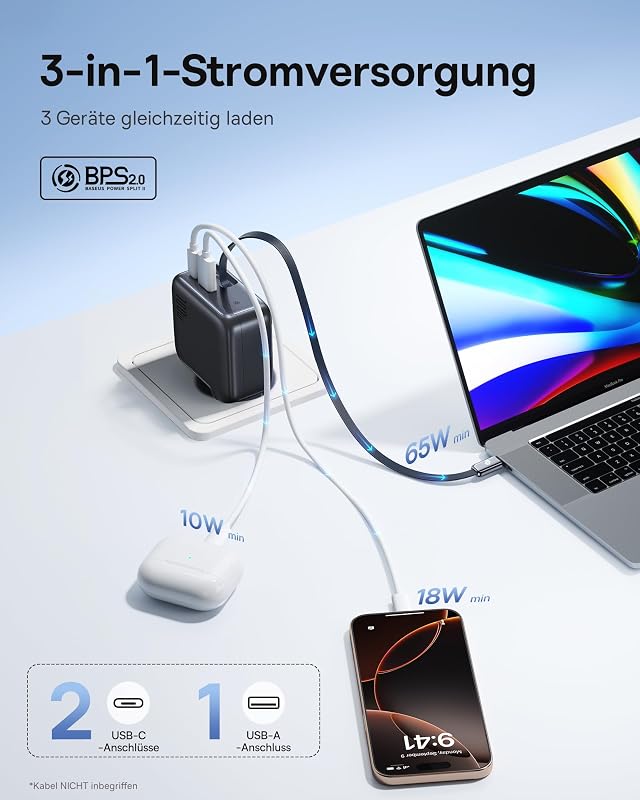 Enercore USB C Ladegerät 100W mit Ausziehbaren Kabel, 3 Ports GaN Netzteil, PD Schnellladegerät kompatibel mit MacBook Pro Air, Dell, HP, iPad, iPhone 17/16/15/14/13Pro Max Galaxy S25/24Ultra