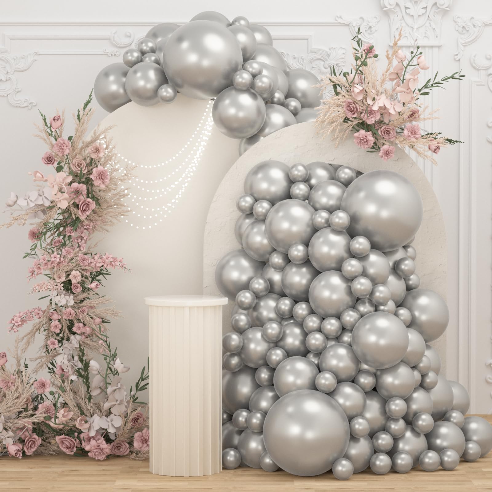 Photo 1 of 108Pcs Metallic Silver Balloons Different Size, 18/12/10/5 inch Chrome Silver Balloons Garland Arch kit for Birthday Baby Shower Graduation Party Decoration
