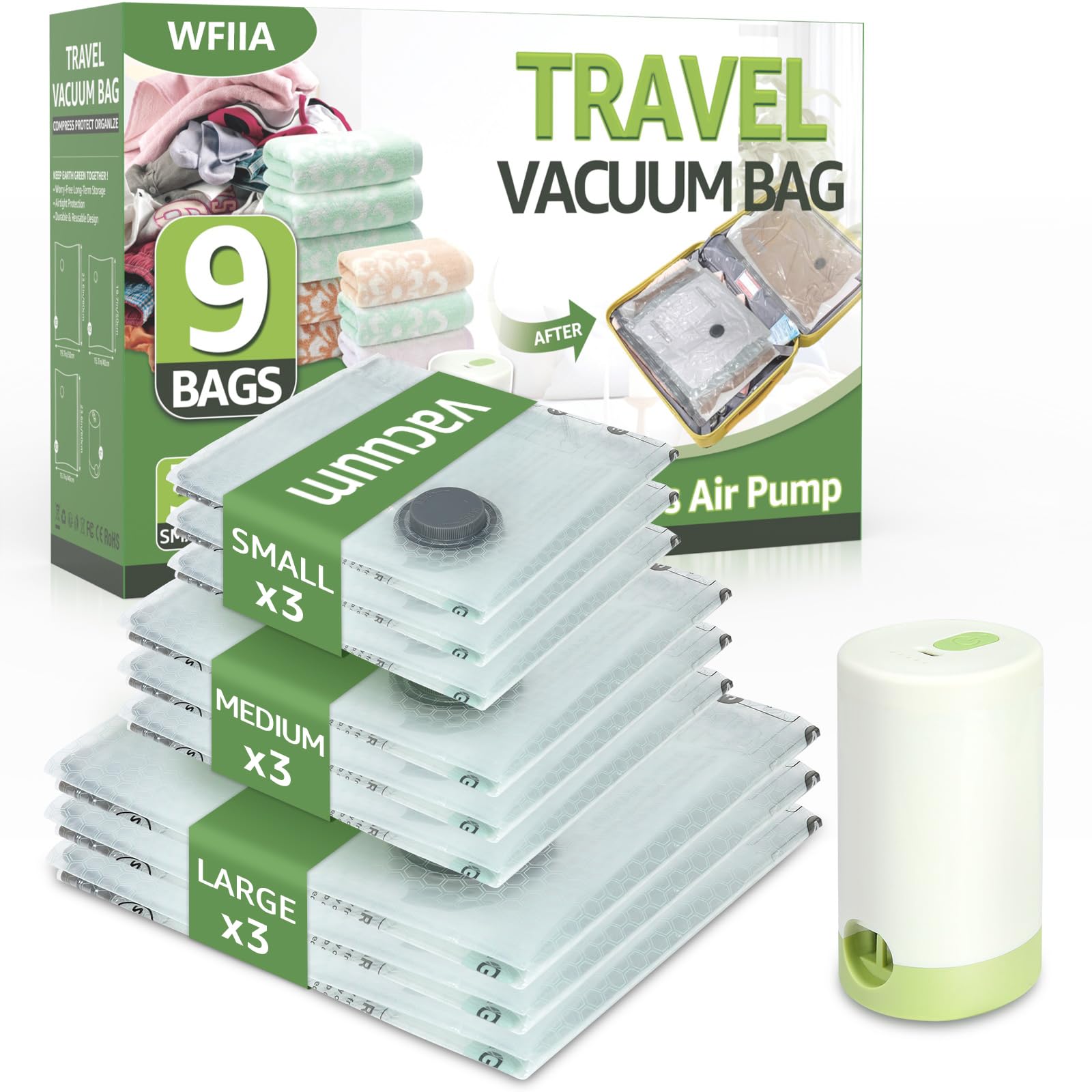 Photo 1 of ***AIR PUMP DOES NOT WORK***Vacuum Bags for Travel with Rechargeable air Pump, 9 Packs of 3 Sizes Vacuum Seal Bags for Clothing (9 Combo Set)***AIR PUMP DOES NOT WORK**