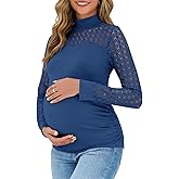 Yousify Women's Lace Long Sleeve Maternity Shirts Mock Neck Slim Fit Tunic Tops Ruched Eyelet Pregnancy Clothes