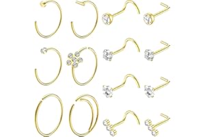TROOER Nose Rings Hoops 18K Gold Nose Ring, 20G Nose Studs Hypoallergenic 316L Surgical Stainless Steel Nose Piercings Rings Round CZ Heart L Shape Nose Stud Screw Silver Gold Body Piercing Jewelry for Women Men Gifts
