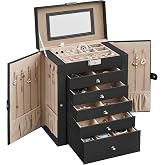 SONGMICS 6-Layer Jewelry Box Organizer with 5 Drawers, Lock and Mirror | Jewelry Storage Case for Necklaces, Watches, Gift Idea, Large Storage Capacity, Black and Beige, BRIDIE Collection UJBC152B01