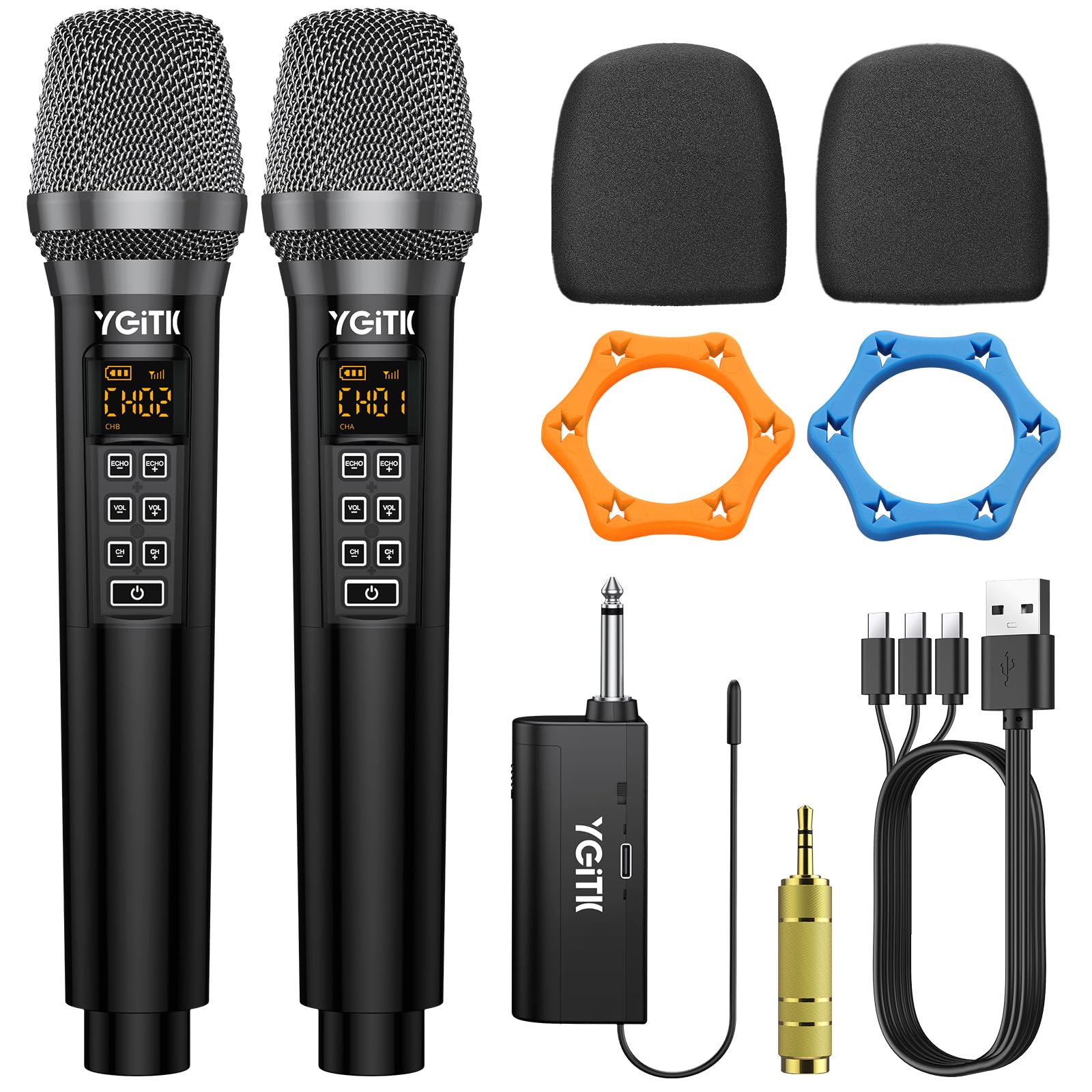 YGiTK Wireless Microphones Karaoke Mic, 2 * 30 Channels Handheld Microphone for Singing, UHF Dual Metal Dynamic Mic System, Karaoke Microphone for Wedding, DJ, Party, Speech