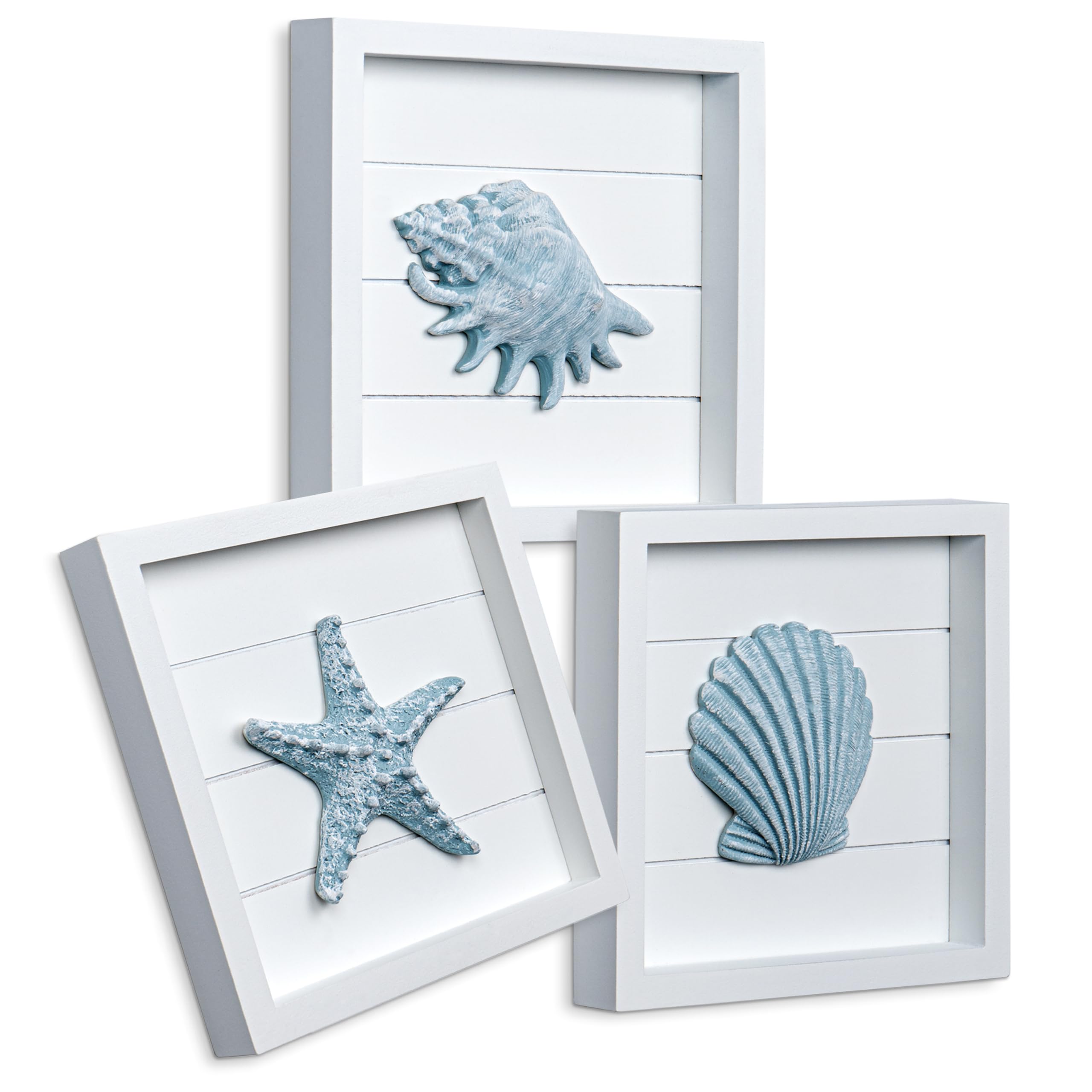 TideAndTales Blue Seashells and Starfish (Framed Set of 3) Coastal 3D Wall Art, Beach Wall Decor for Bathroom or Coastal Bedroom, Ocean Inspired Seaside Decorations for Home or Beach House (7"x7")
